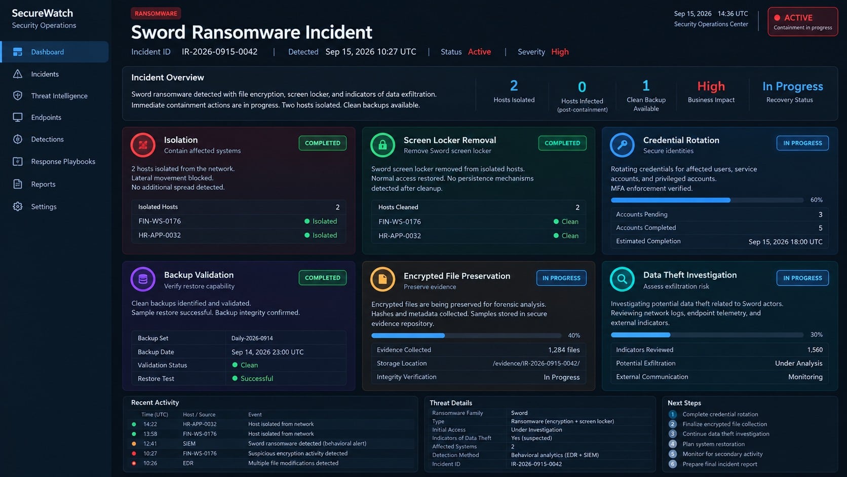 Incident response dashboard for containing Sword ransomware