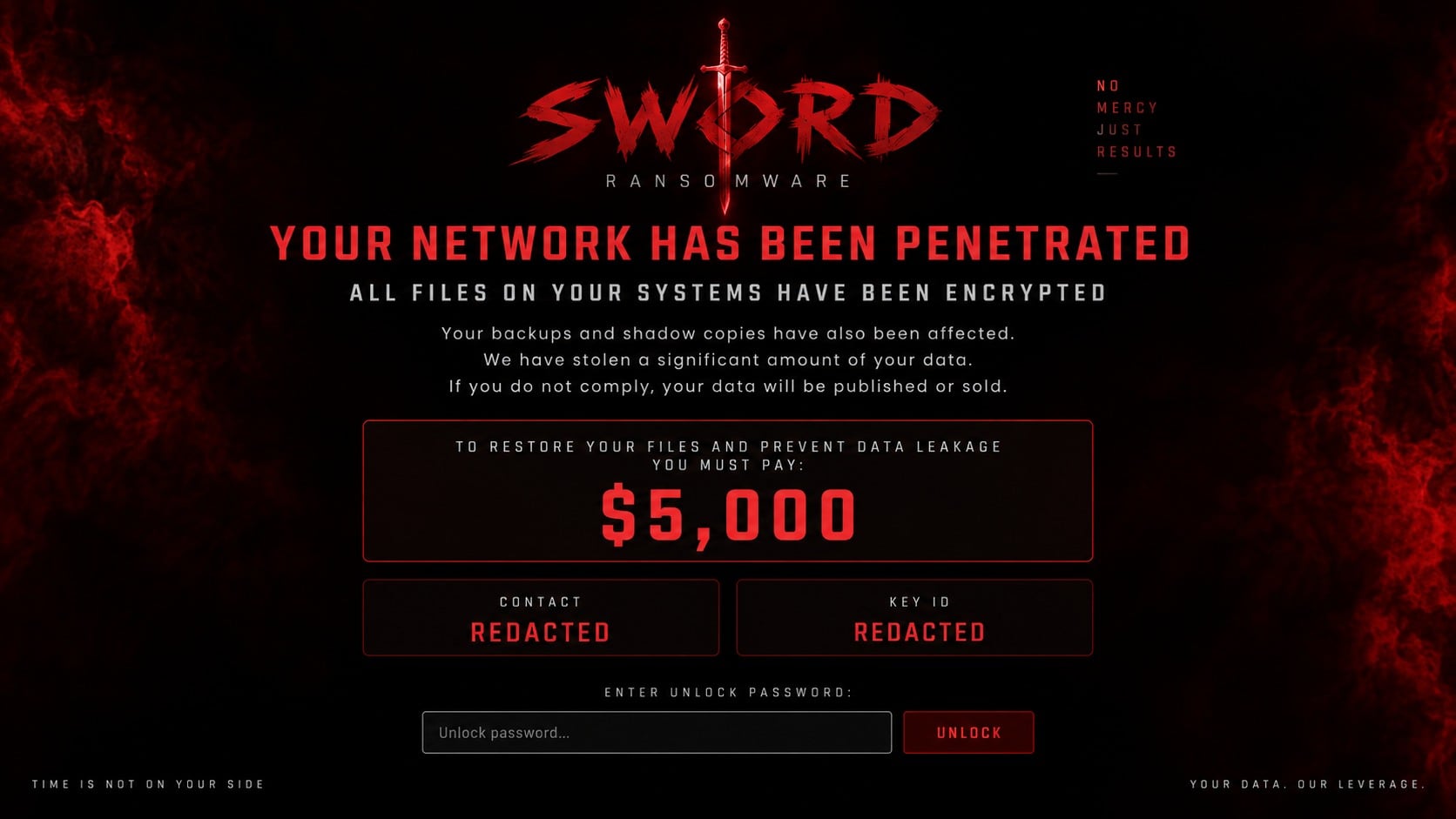 Sword ransomware lock screen demanding a $5,000 payment
