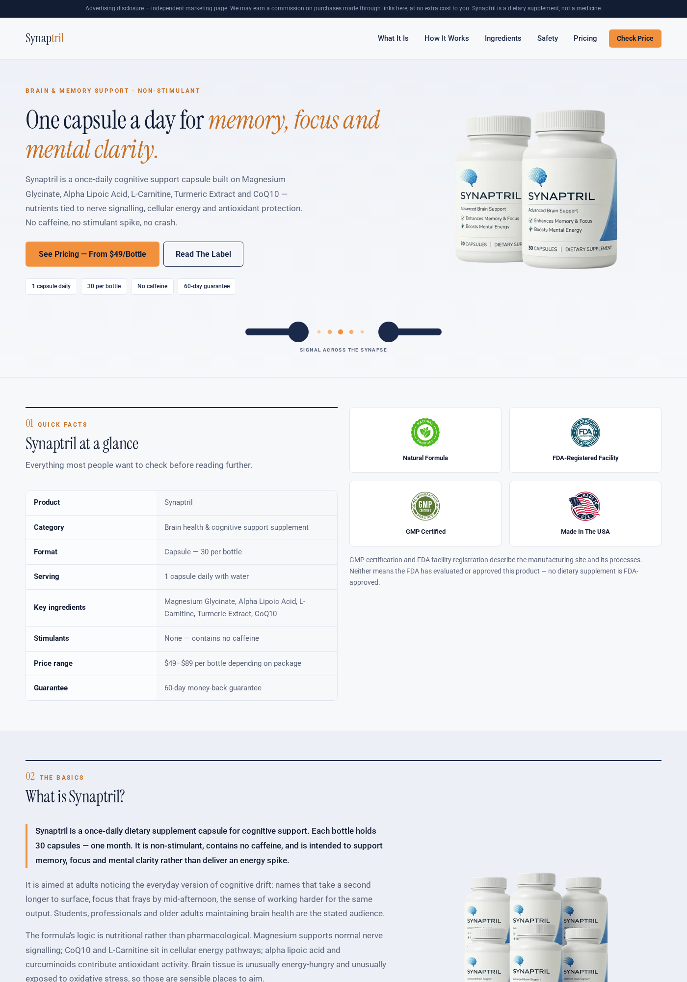 Synaptril Review: Proprietary Blend and Return Risks 1 Synaptril website showing brain support bottles, key facts, and marketing badges