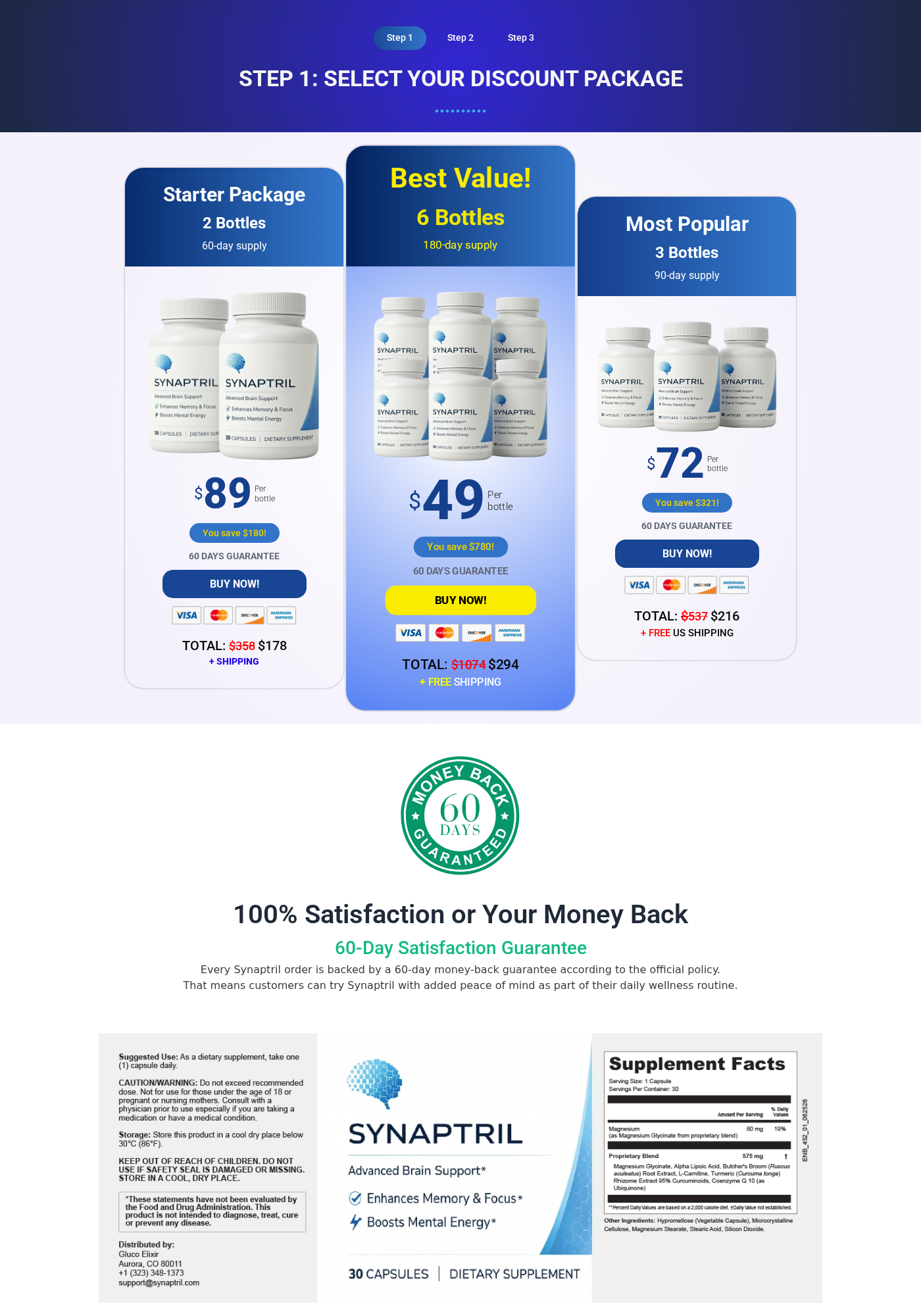 Synaptril Review: Proprietary Blend and Return Risks 2 Synaptril package page showing two, three, and six-bottle prices and a 60-day guarantee