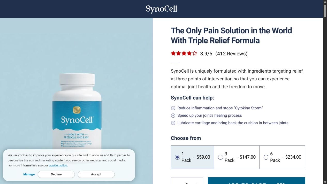SynoCell product page showing joint relief claims, customer reviews, ingredients, and package pricing