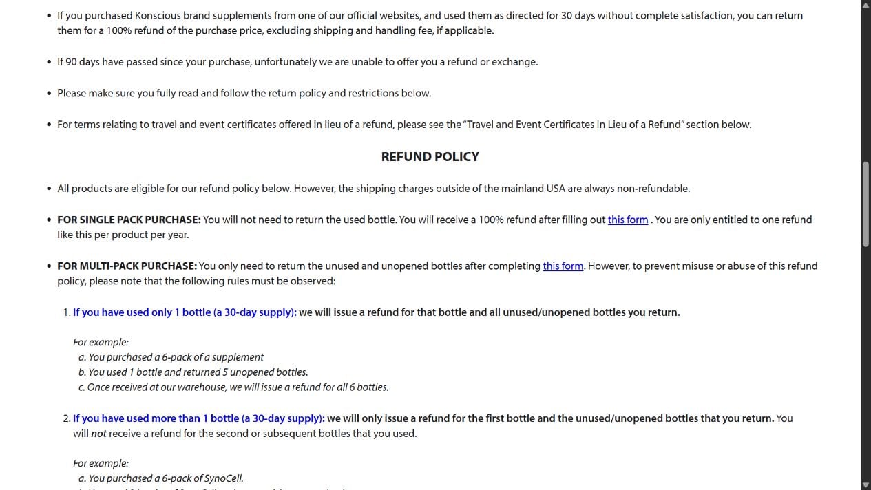 SynoCell refund policy explaining multi-pack returns, shipping deductions, and restrictions on used bottles
