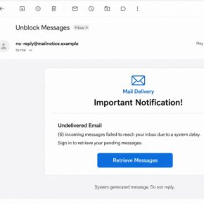 Messages failed due to system delay phishing email claiming six incoming emails are waiting for retrieval