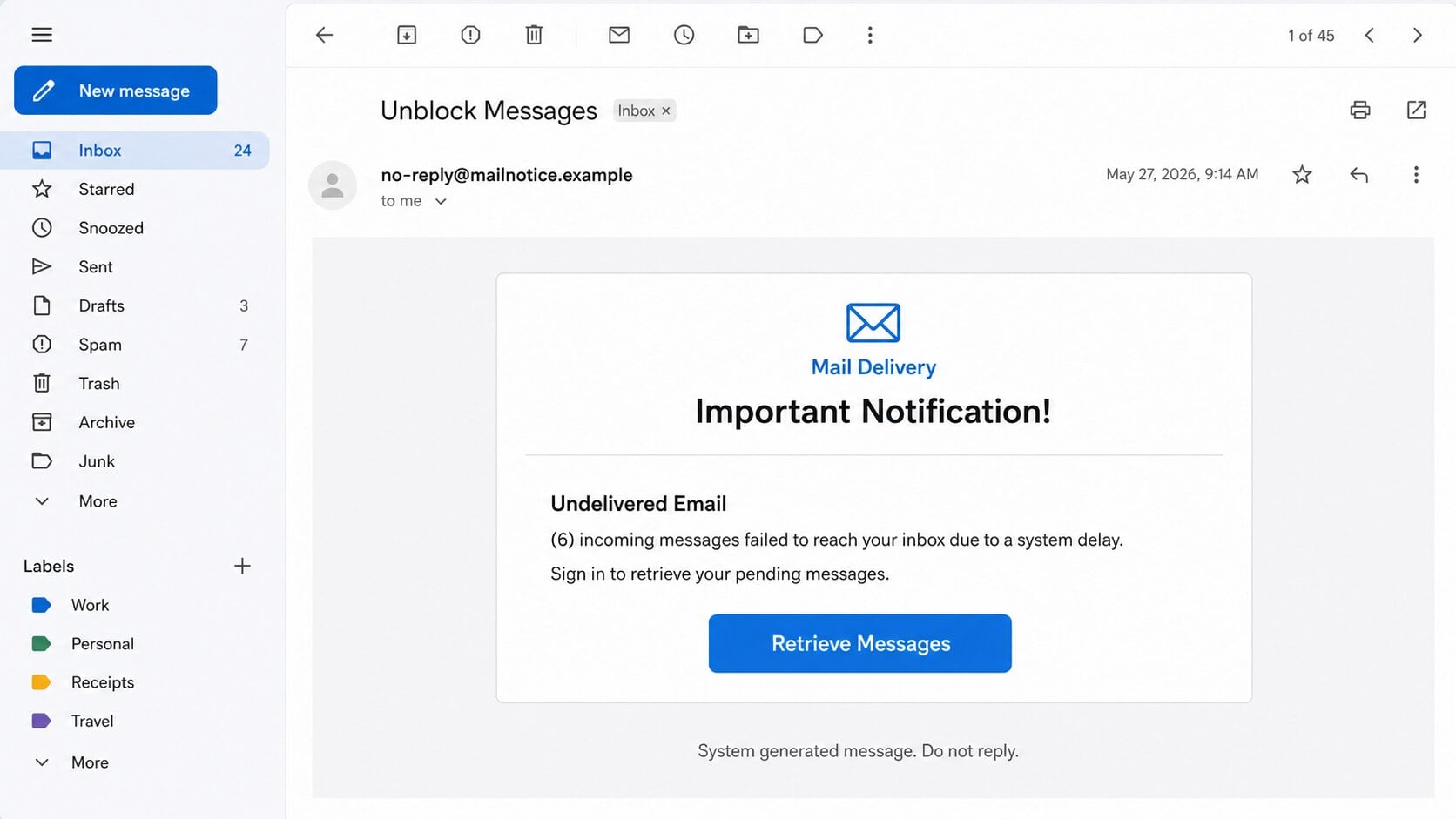 Messages failed due to system delay phishing email claiming six incoming emails are waiting for retrieval