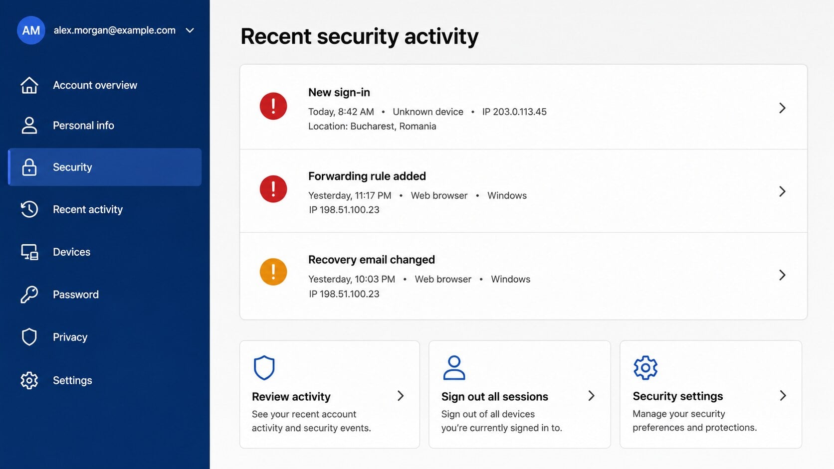 Mailbox security dashboard showing a new sign in forwarding rule and changed recovery email after phishing