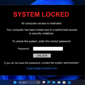 SYSTEM LOCKED password window displayed by SnakeBiteAgent malware