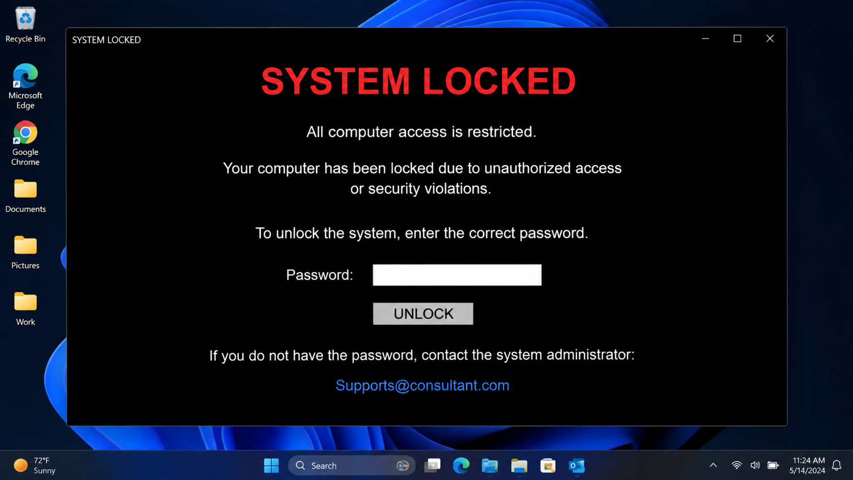 SYSTEM LOCKED password window displayed by SnakeBiteAgent malware