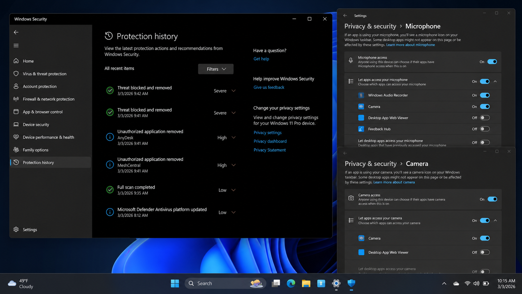 Windows Security showing remote access tools removed and full scan completed