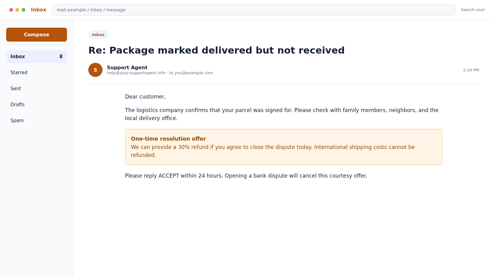 SZSY Support Agent Email Scam: Fake Stores, Tracking and Refunds Exposed 2 Reconstructed SZSY support email claiming a package was delivered and offering only a 30% refund