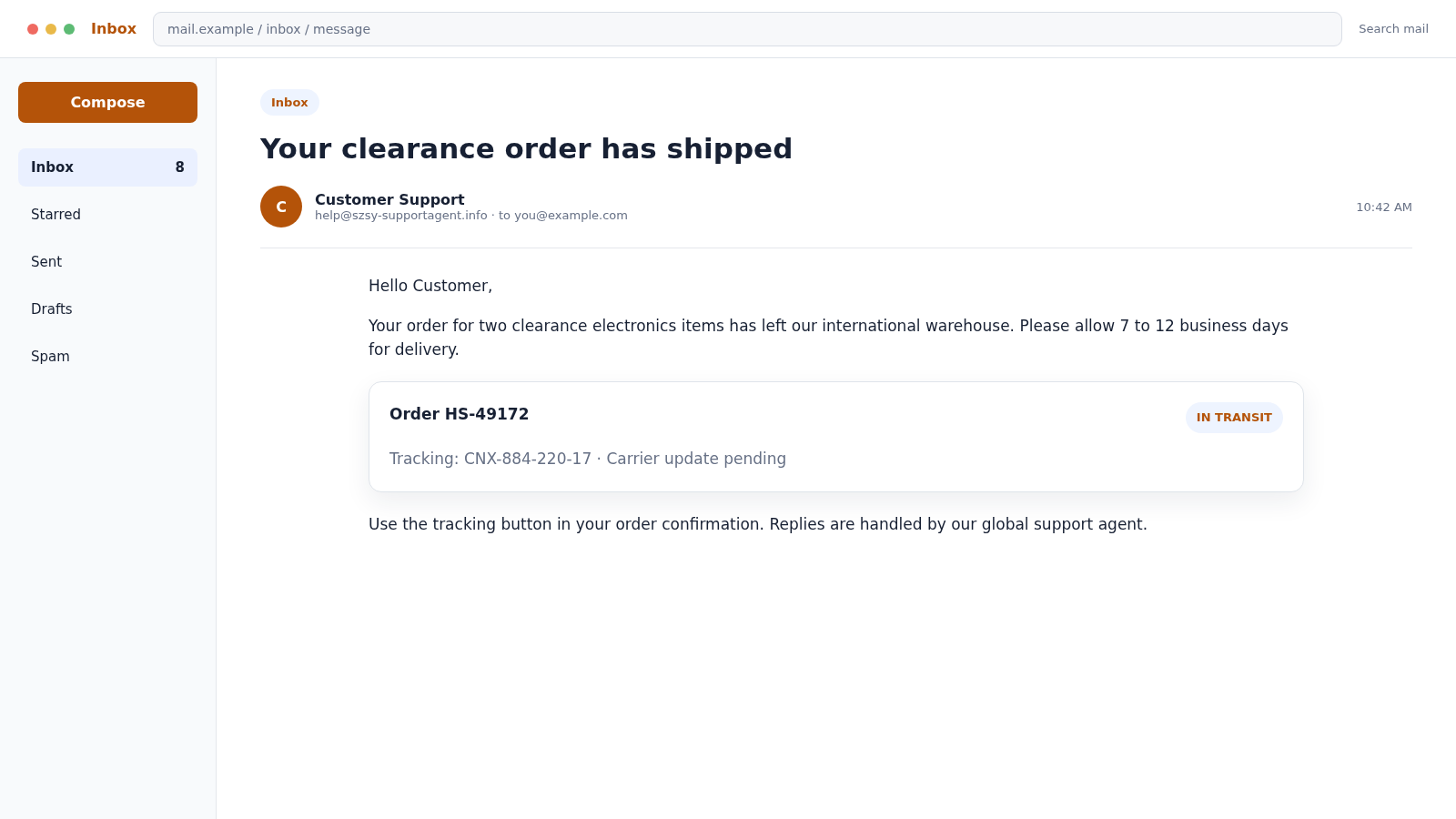 SZSY Support Agent Email Scam: Fake Stores, Tracking and Refunds Exposed 1 Reconstructed shipping email from help at szsy-supportagent.info displaying an international tracking number for a clearance order