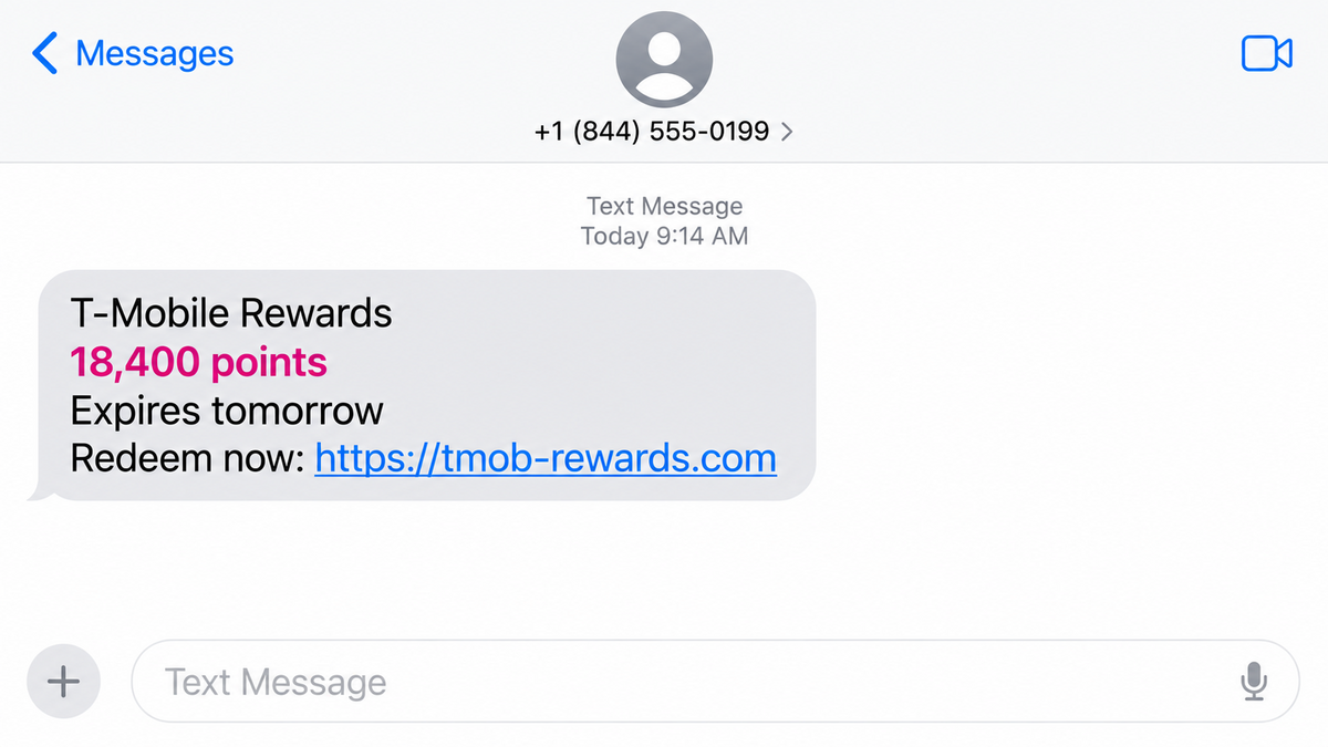 Fake T-Mobile rewards text claiming 18,400 points will expire tomorrow