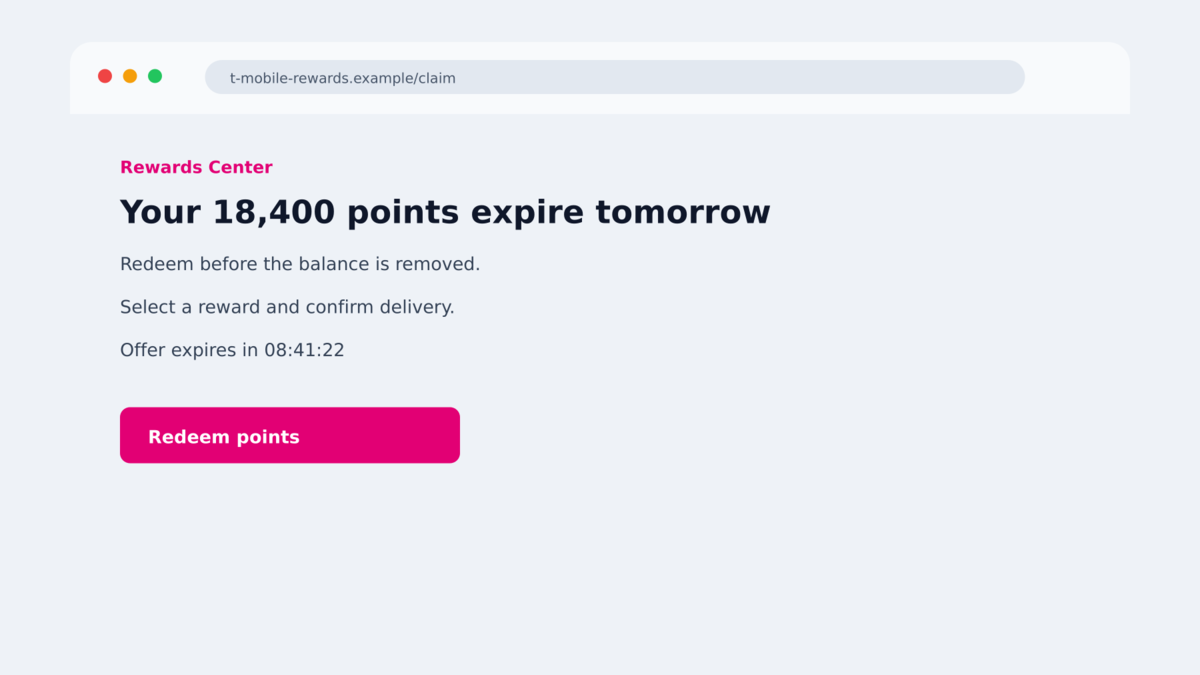 Lookalike T-Mobile rewards redemption page displaying an expiring points balance