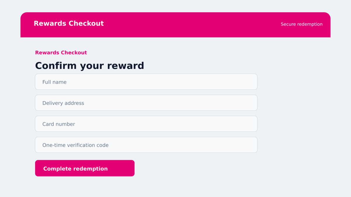 Fraudulent mobile rewards checkout asking for personal and payment information