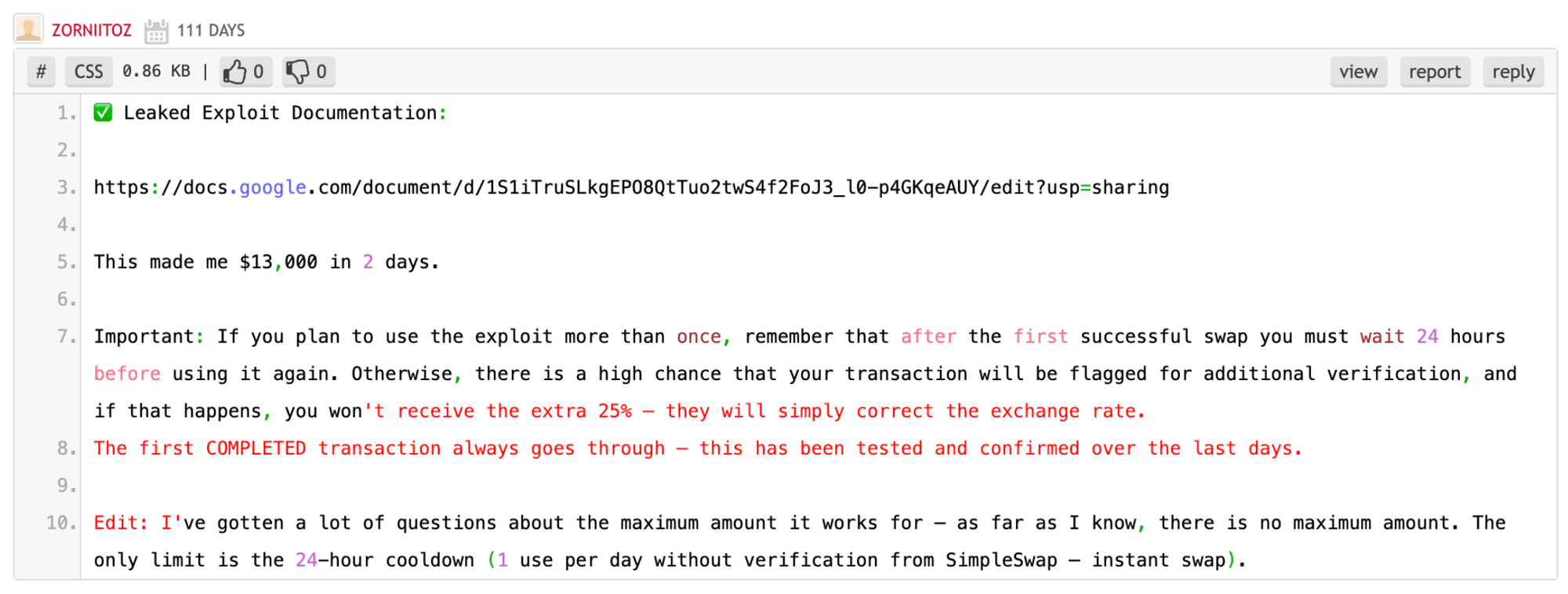 Paste-site lure used to direct traders to code for a fake crypto swap bonus