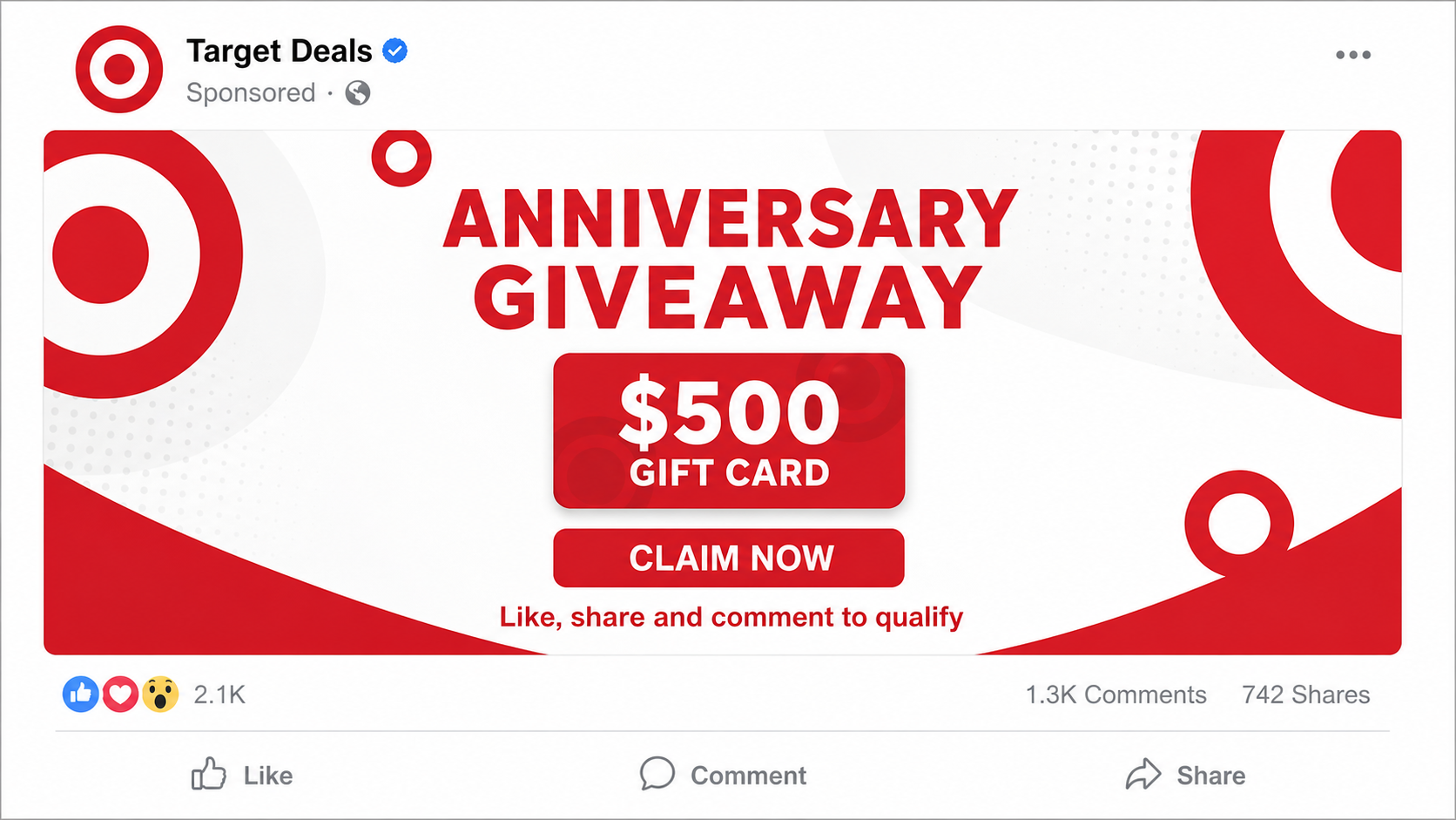 Realistic fake Target anniversary $500 gift card post on social media