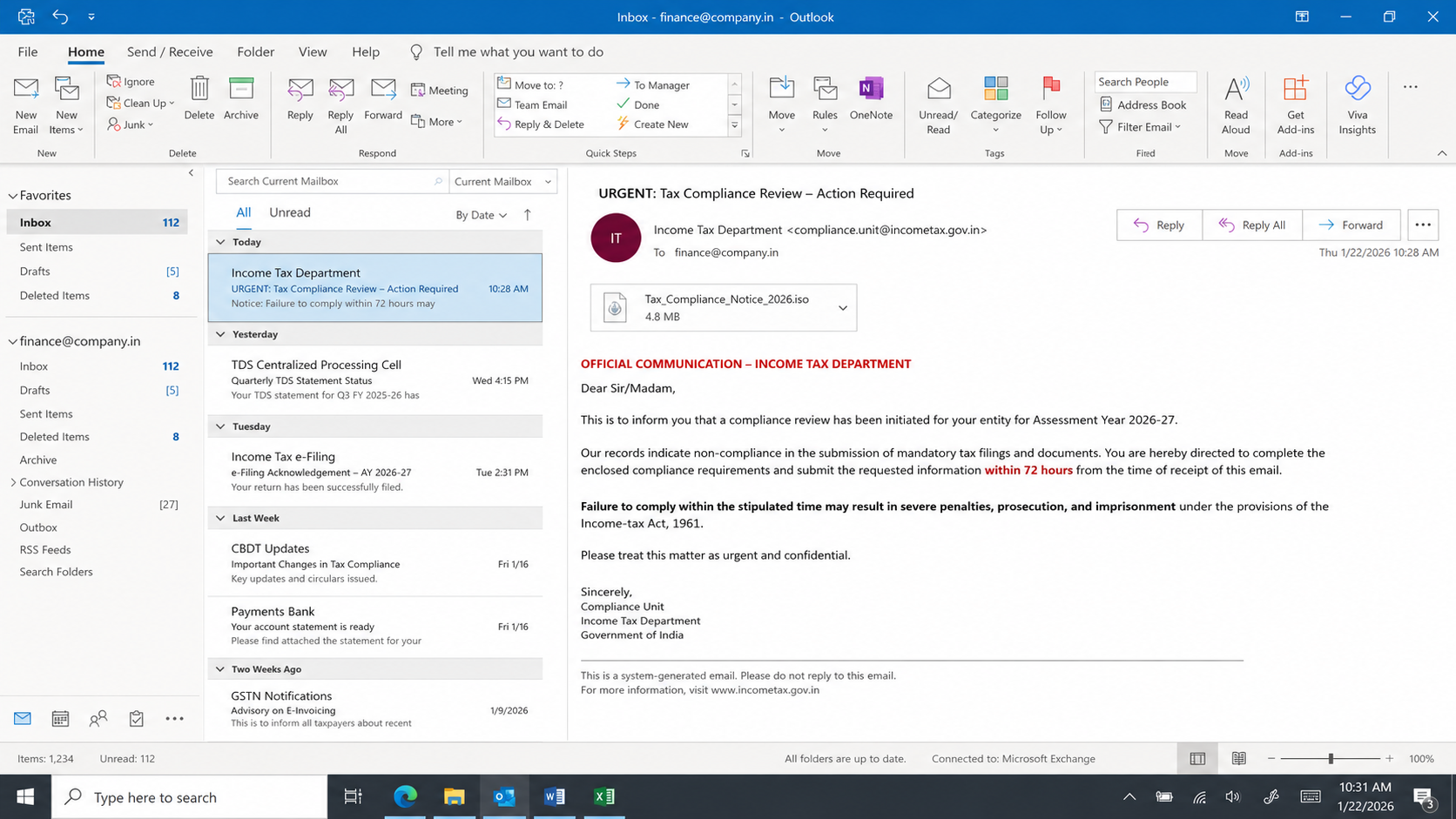 Fake tax authority penalty email carrying a suspicious compliance archive