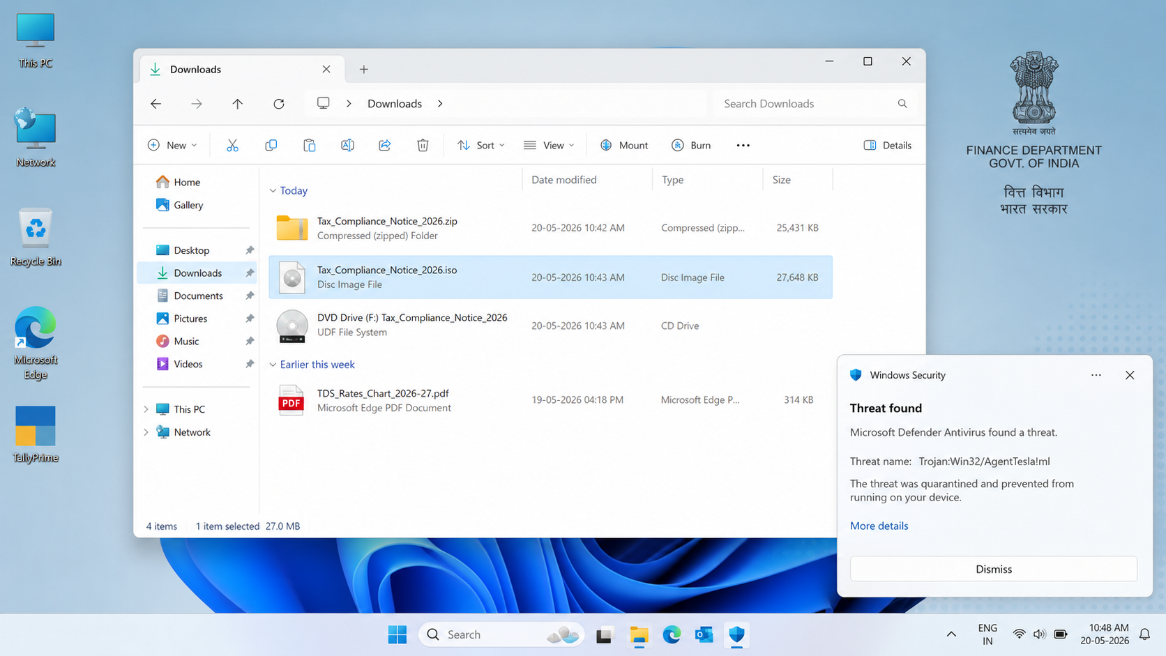 Suspicious tax compliance ZIP and disk image detected in Windows Downloads