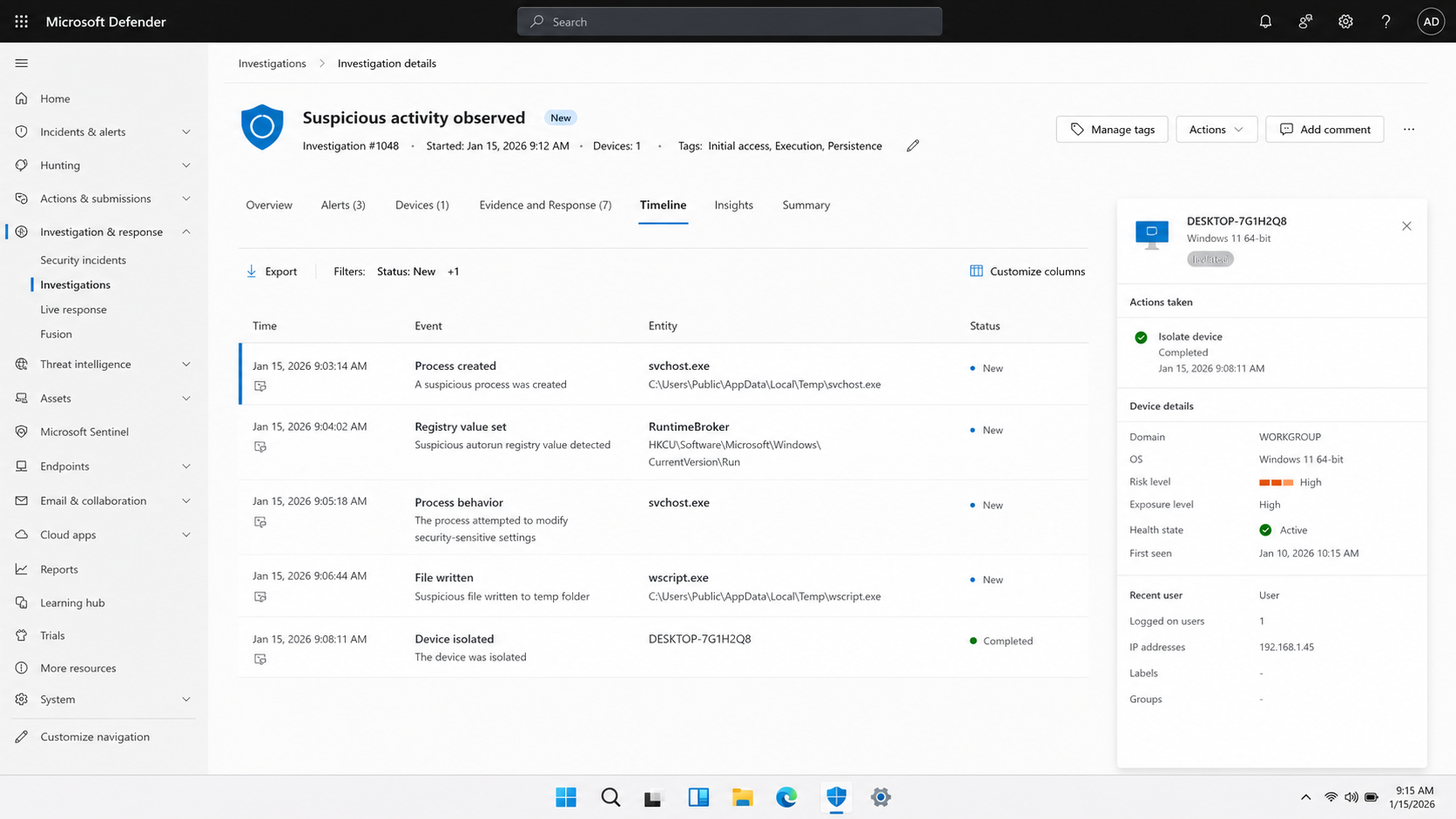 Microsoft Defender investigation showing suspicious Temp process and registry persistence