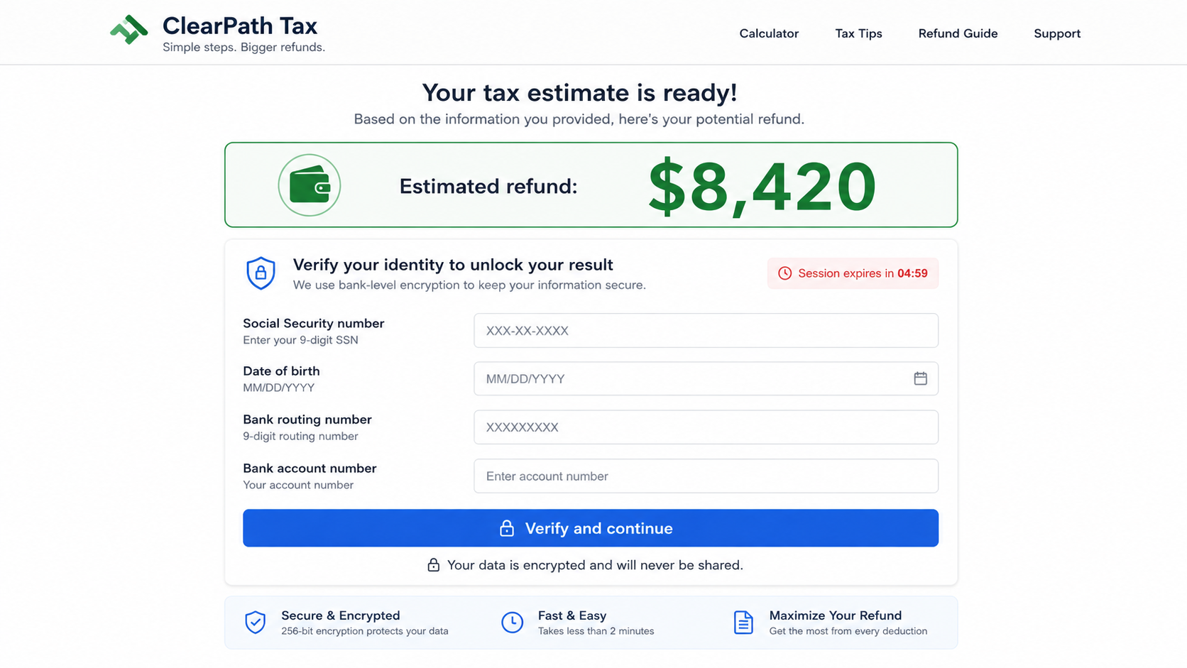 Fictional tax refund calculator requesting Social Security and bank information for identity verification