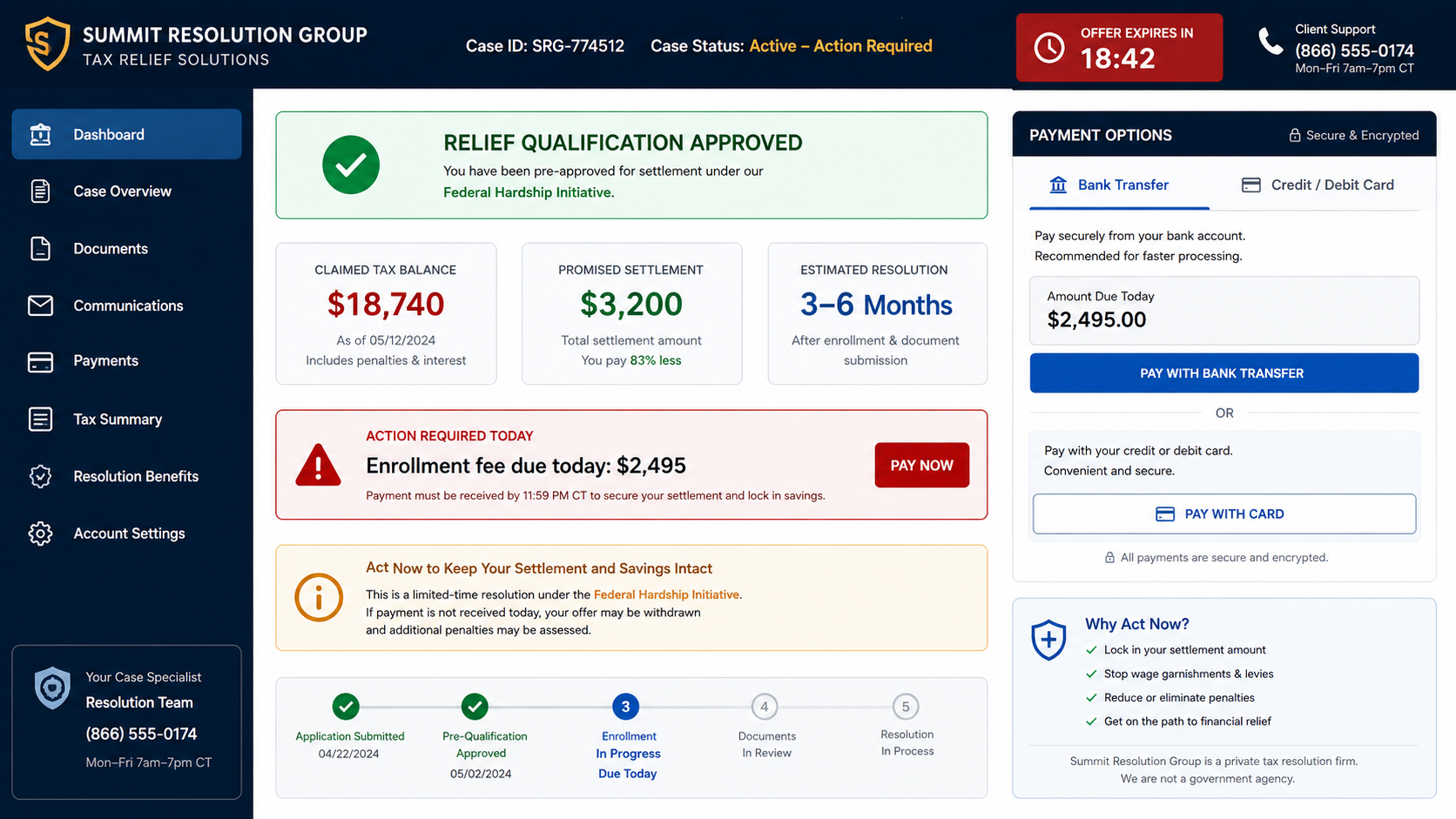 Tax Debt Scam Calls Exposed: Fake IRS Relief and Upfront Fee Investigation 3 Fictional tax relief case dashboard promising a large settlement after an urgent upfront fee