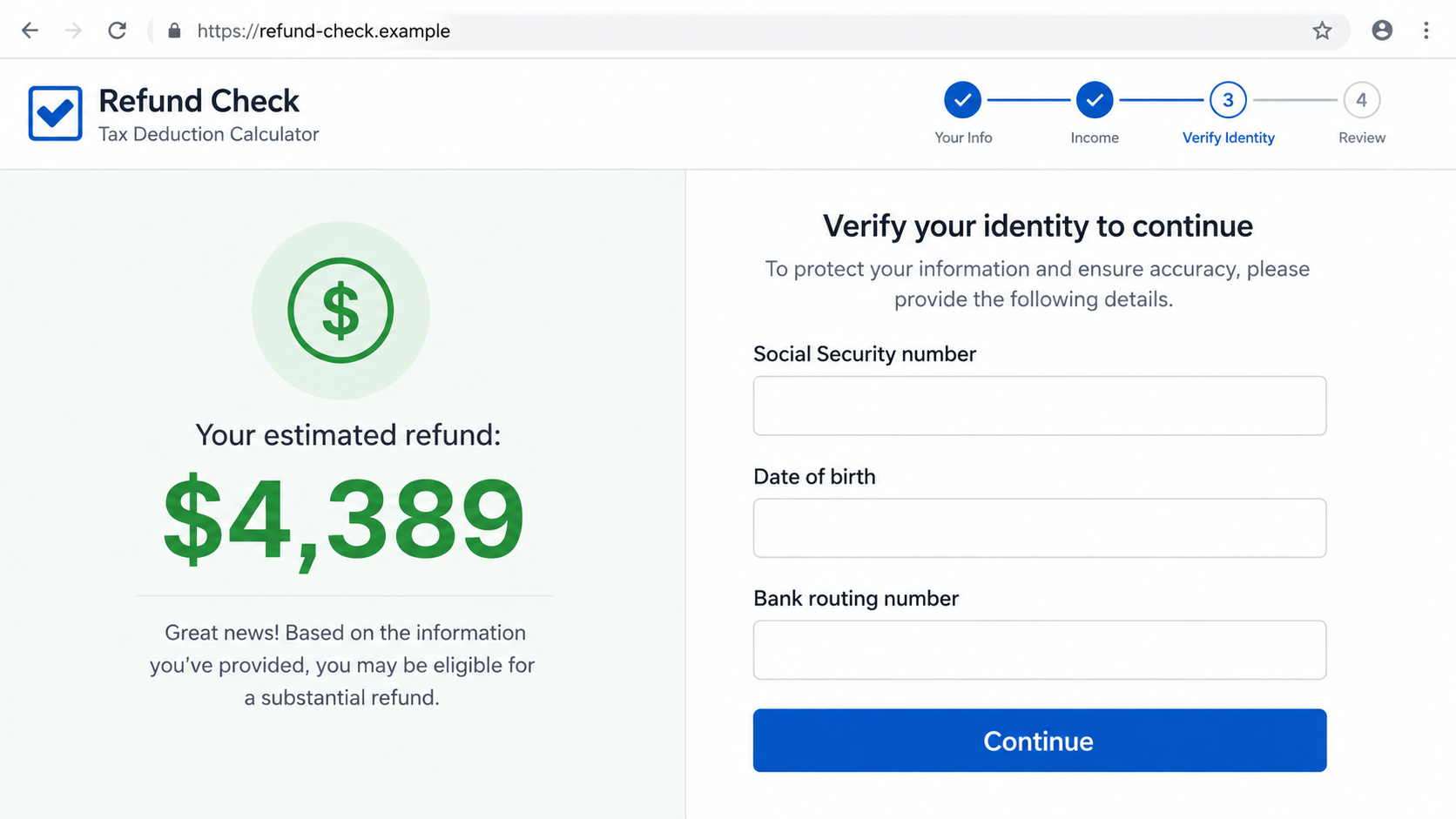 Fake tax deduction calculator requesting a Social Security number and bank routing information
