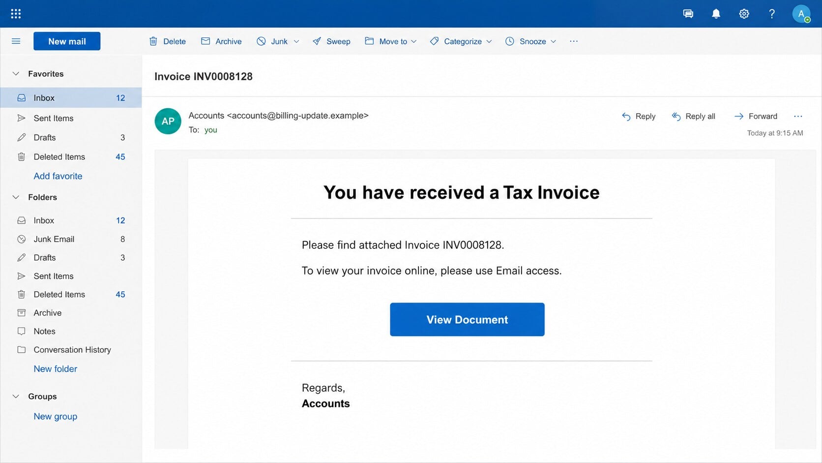 You Have Received a Tax Invoice phishing email showing Invoice INV0008128