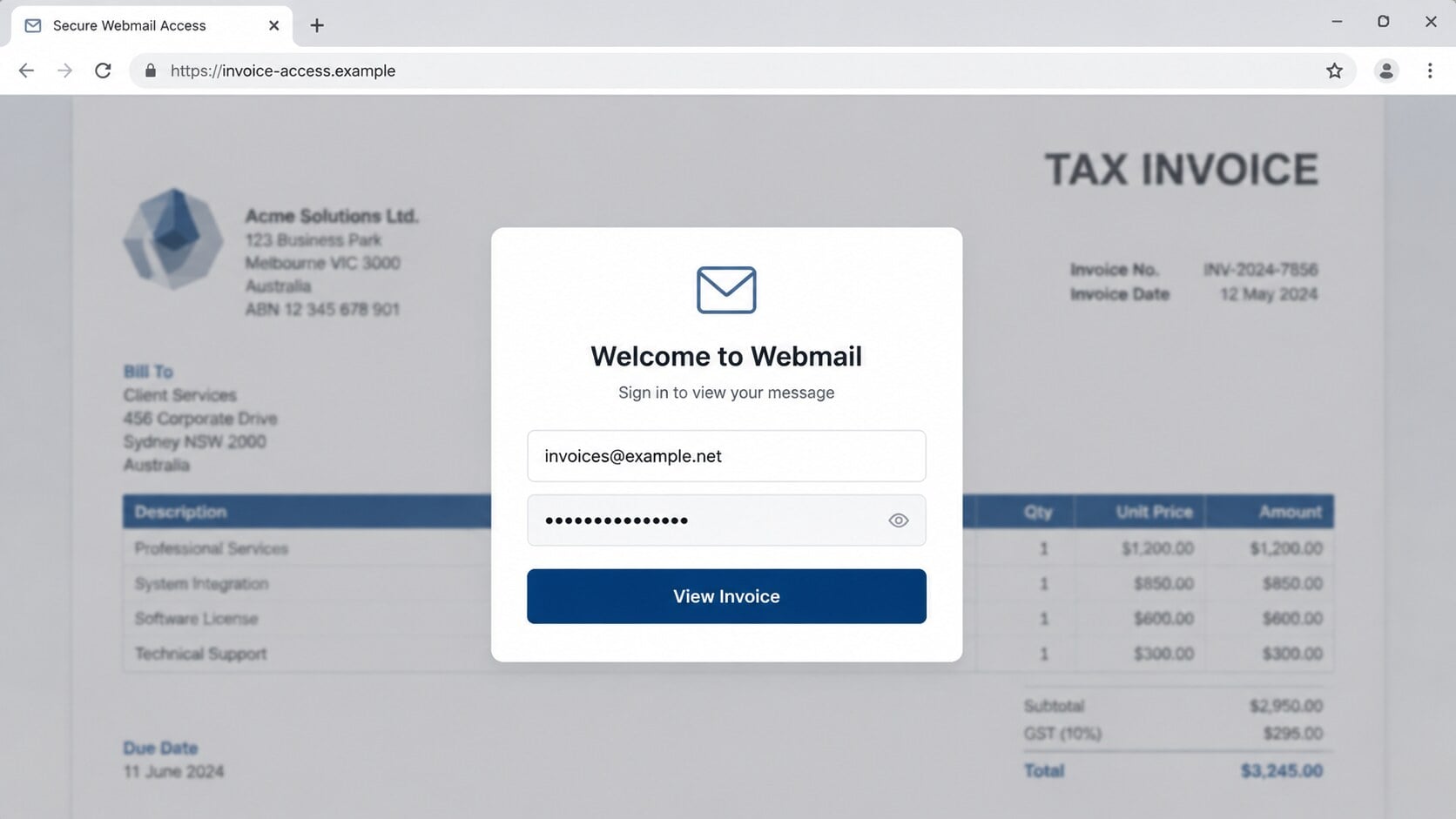 Fake webmail login placed over a tax invoice preview on an unrelated domain