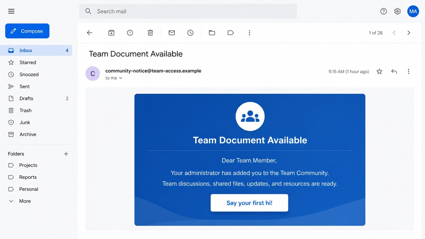 Team Community phishing email claiming an administrator added the recipient to a shared workplace