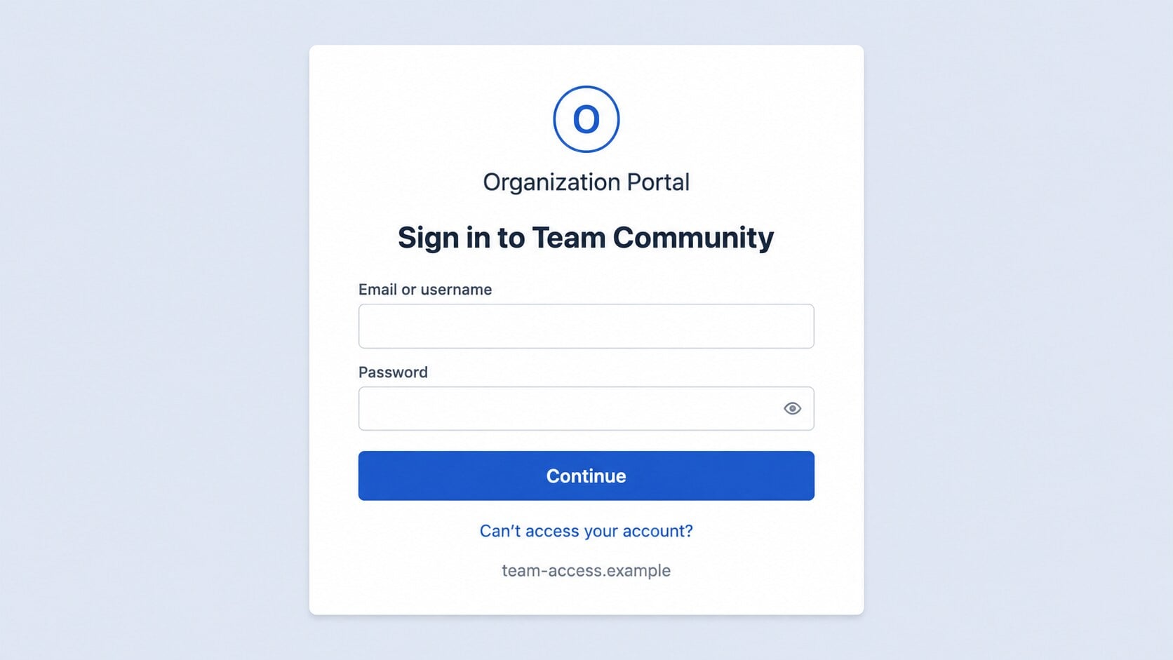 Fake Team Community work account login form hosted on an unrelated organization portal