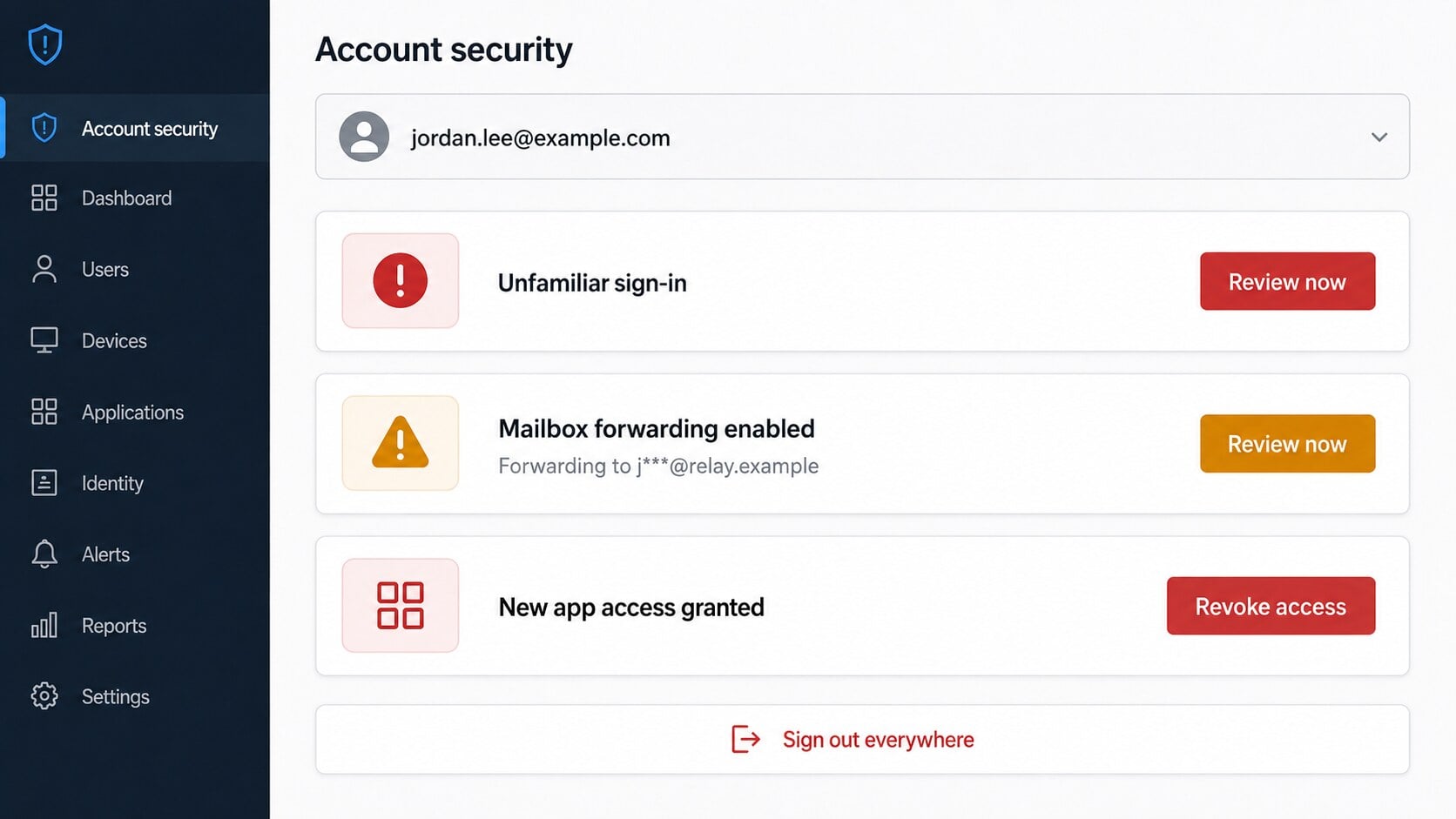 Work account security dashboard showing unfamiliar sign in mailbox forwarding and new application access