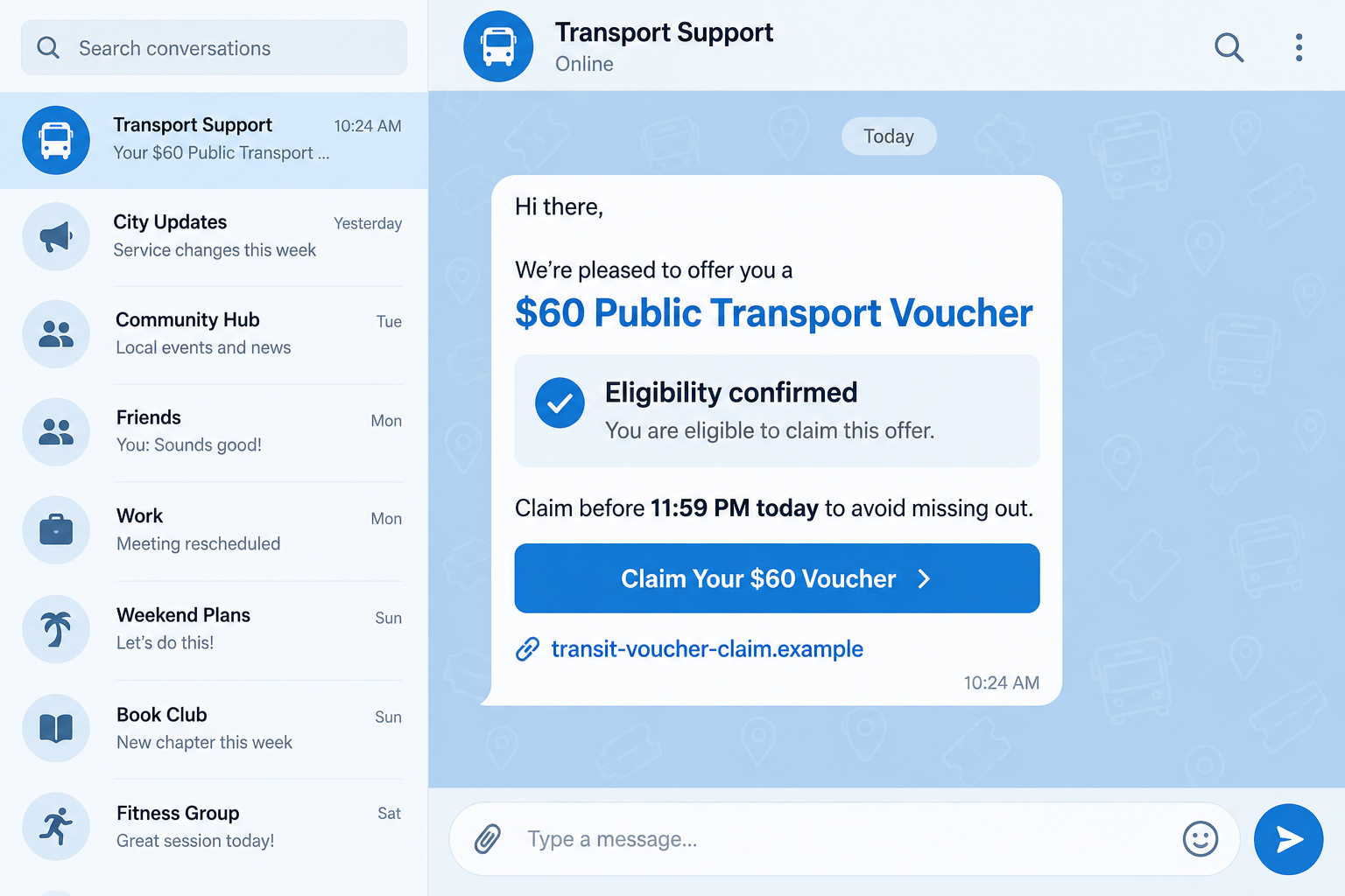 Public Transport Voucher Scam Hijacks Telegram Accounts 1 Fictional messaging-app conversation promoting a public transport voucher through a phishing link