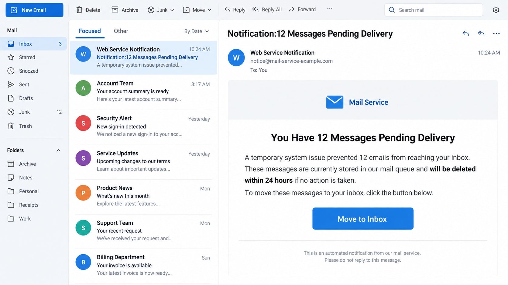 Fake Temporary System Issue email claiming 12 messages are pending delivery