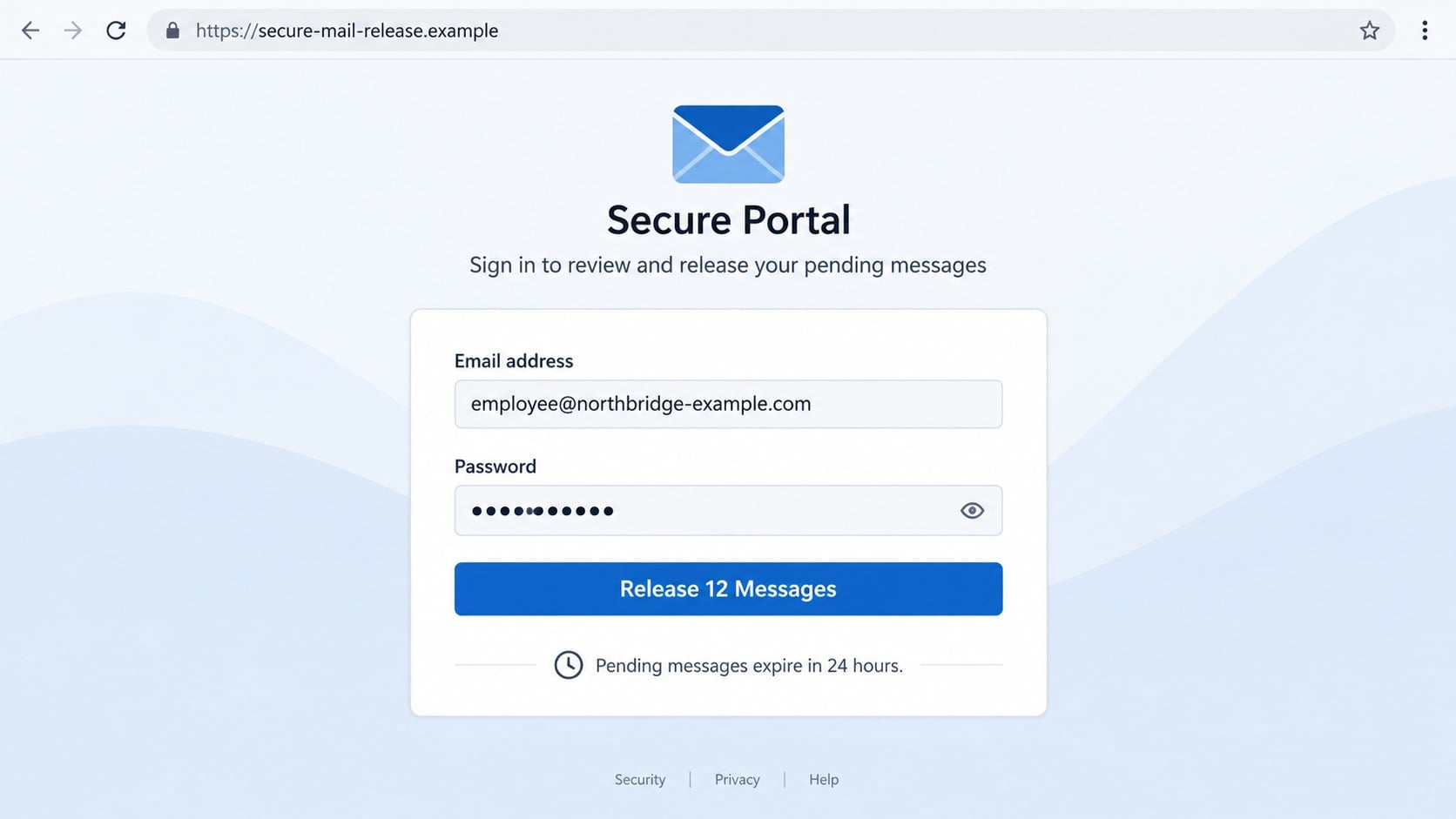 Fake secure portal asking for a password to release 12 pending messages