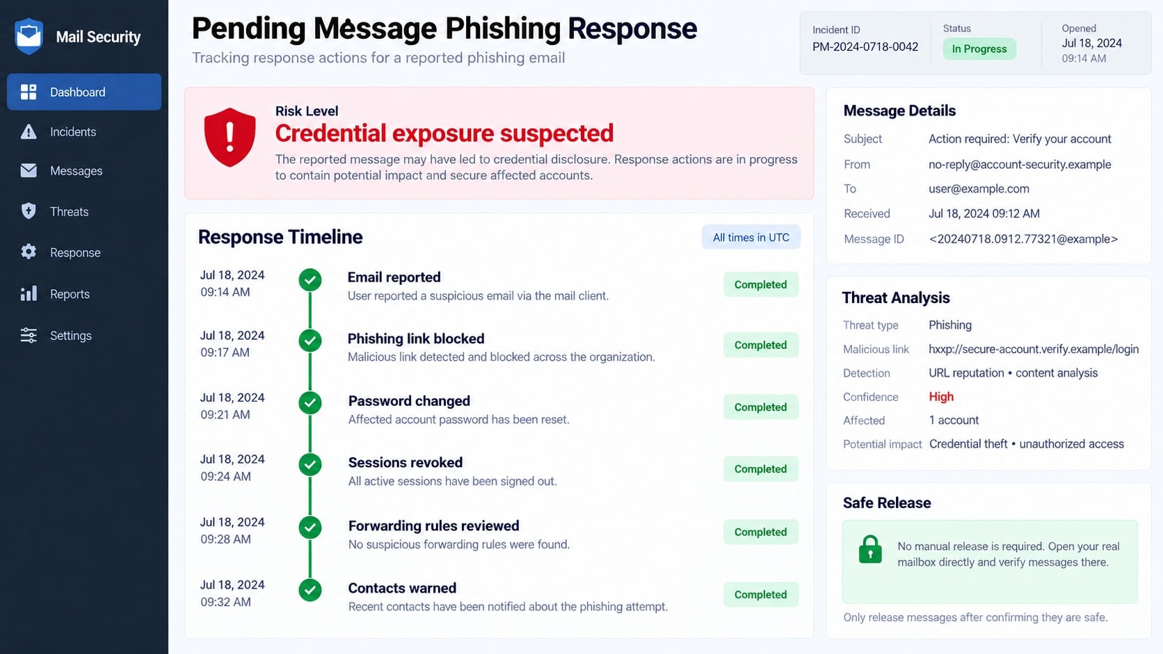 Mailbox security response dashboard after a pending message phishing incident