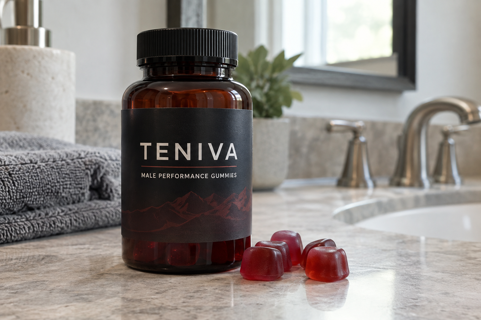 Teniva Supplement Exposed: Conflicting Claims, Formula and Refund Terms 1 Realistic illustration of a Teniva male performance gummies bottle