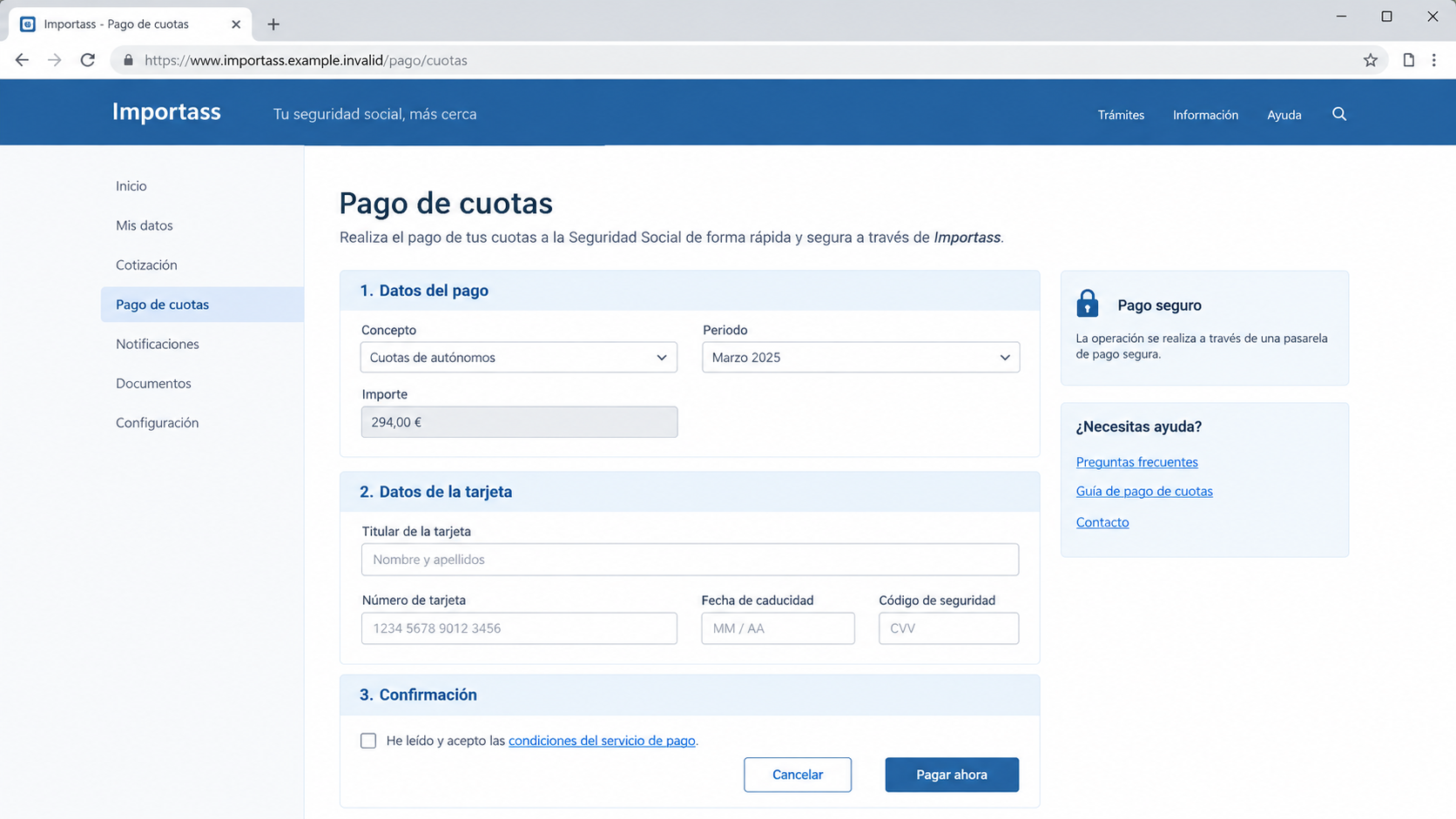 Illustrative false Social Security payment page requesting bank card information