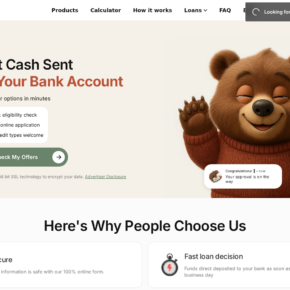 Screenshot of TheBearLoan homepage offering cash options and an online eligibility check