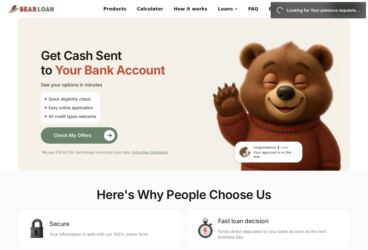 Screenshot of TheBearLoan homepage offering cash options and an online eligibility check