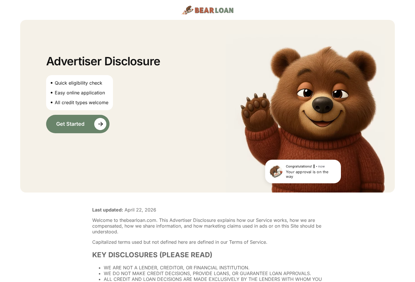 Screenshot of TheBearLoan advertiser disclosure stating it is not a lender