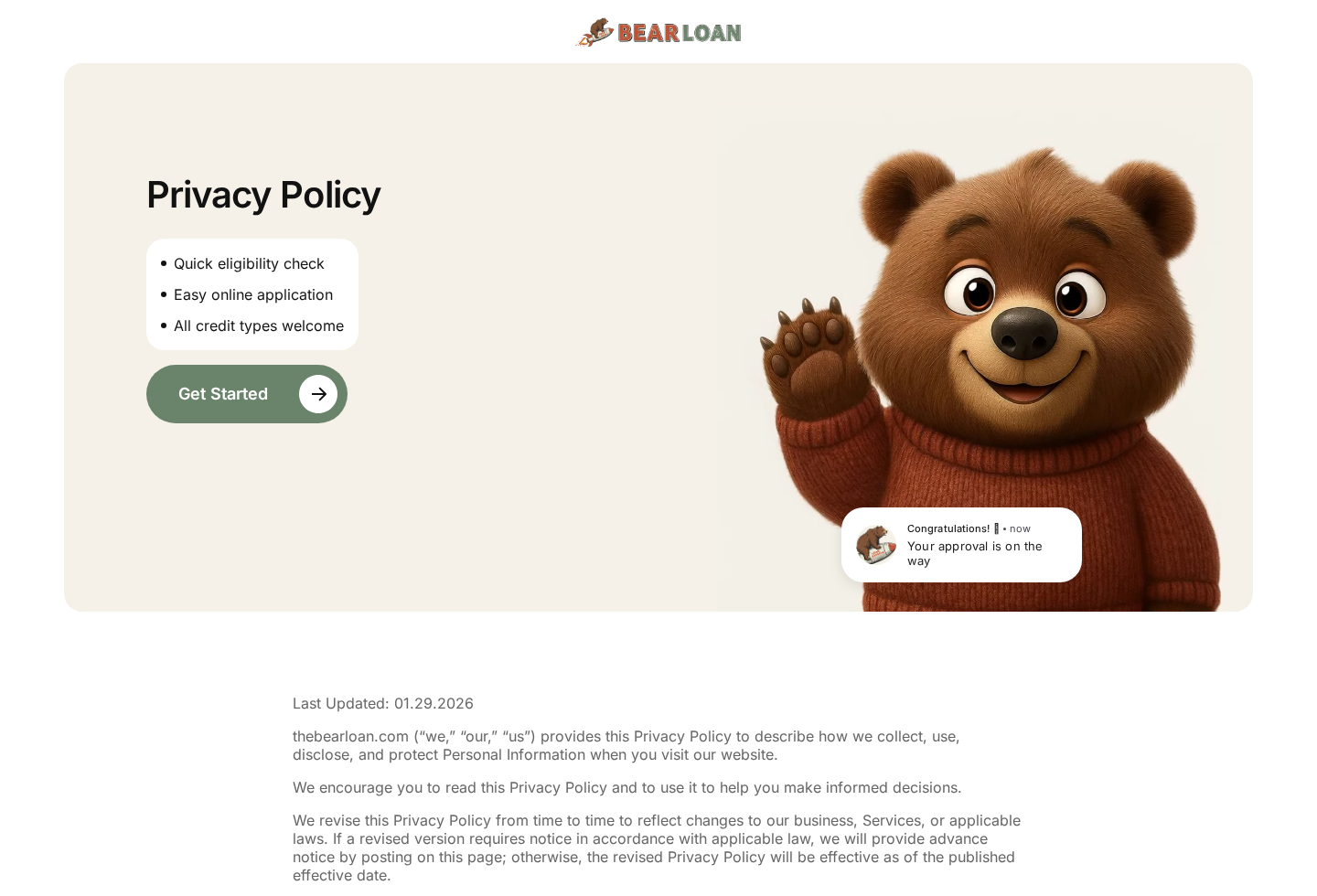Screenshot of TheBearLoan privacy policy describing collection and disclosure of personal information