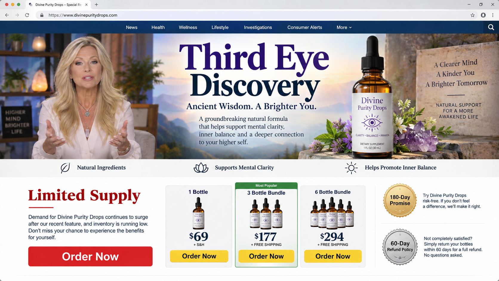 Theresa Caputo Third Eye Drops Scam Exposed: Fake AI Video Investigated 2 Realistic reconstruction of a Divine Purity Drops advertorial showing bundle pricing and conflicting refund promises