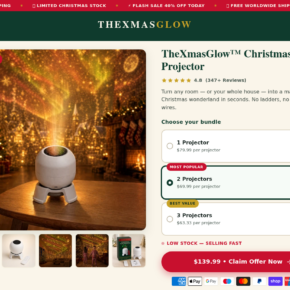 TheXmasGlow Christmas projector sales page showing bundle prices and a claimed 4.8 rating