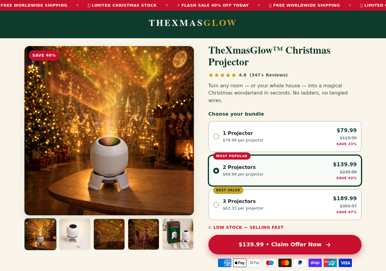 TheXmasGlow Projector Exposed: Fake Reviews, New Domain and Buyer Risks 1 TheXmasGlow Christmas projector sales page showing bundle prices and a claimed 4.8 rating
