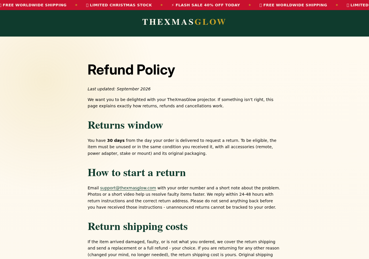 TheXmasGlow Projector Exposed: Fake Reviews, New Domain and Buyer Risks 2 TheXmasGlow refund policy displayed on the recently registered store website