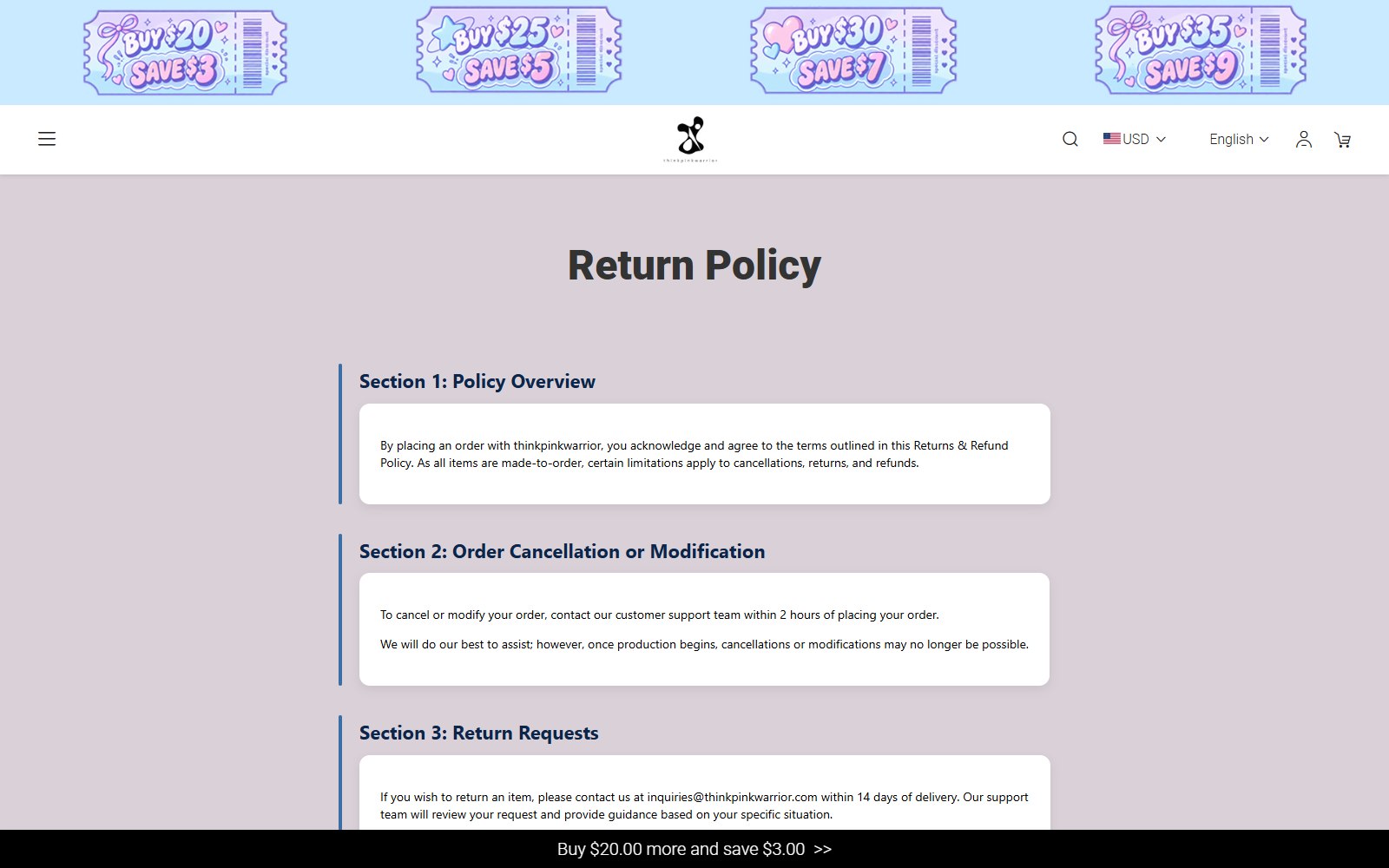 ThinkPinkWarrior Reviews: Store Risks Exposed 2 ThinkPinkWarrior return policy explaining its approval and return-address requirements