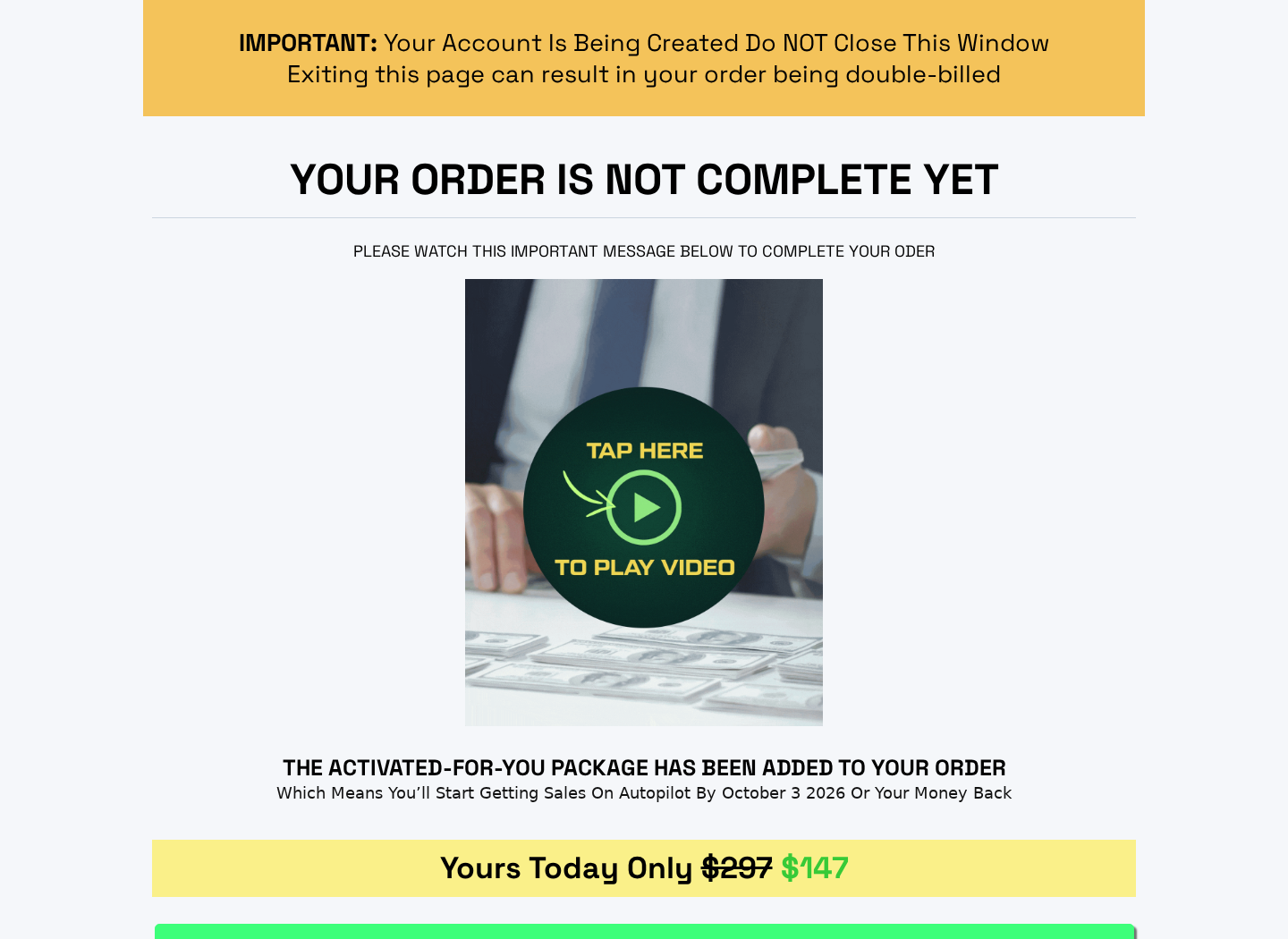 AI Money Taps post-purchase page offering an additional $147 package