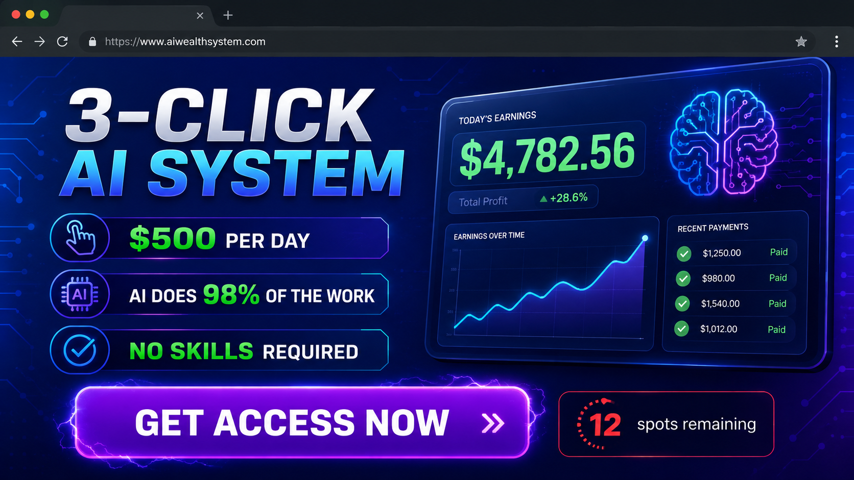 Recreated 3-click AI system advertisement promising $500 per day