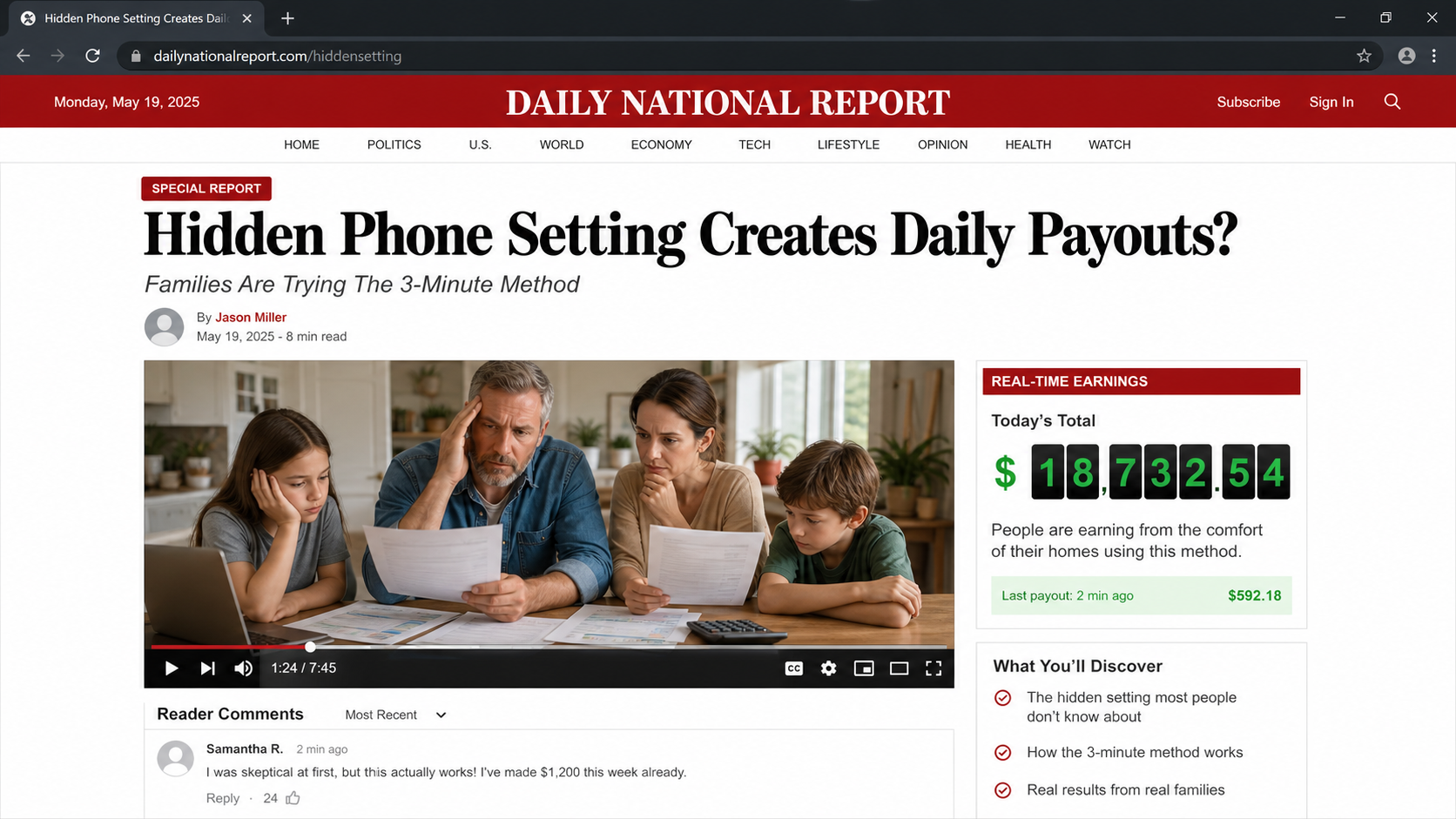 Fake news advertorial promoting a hidden phone setting for daily payouts