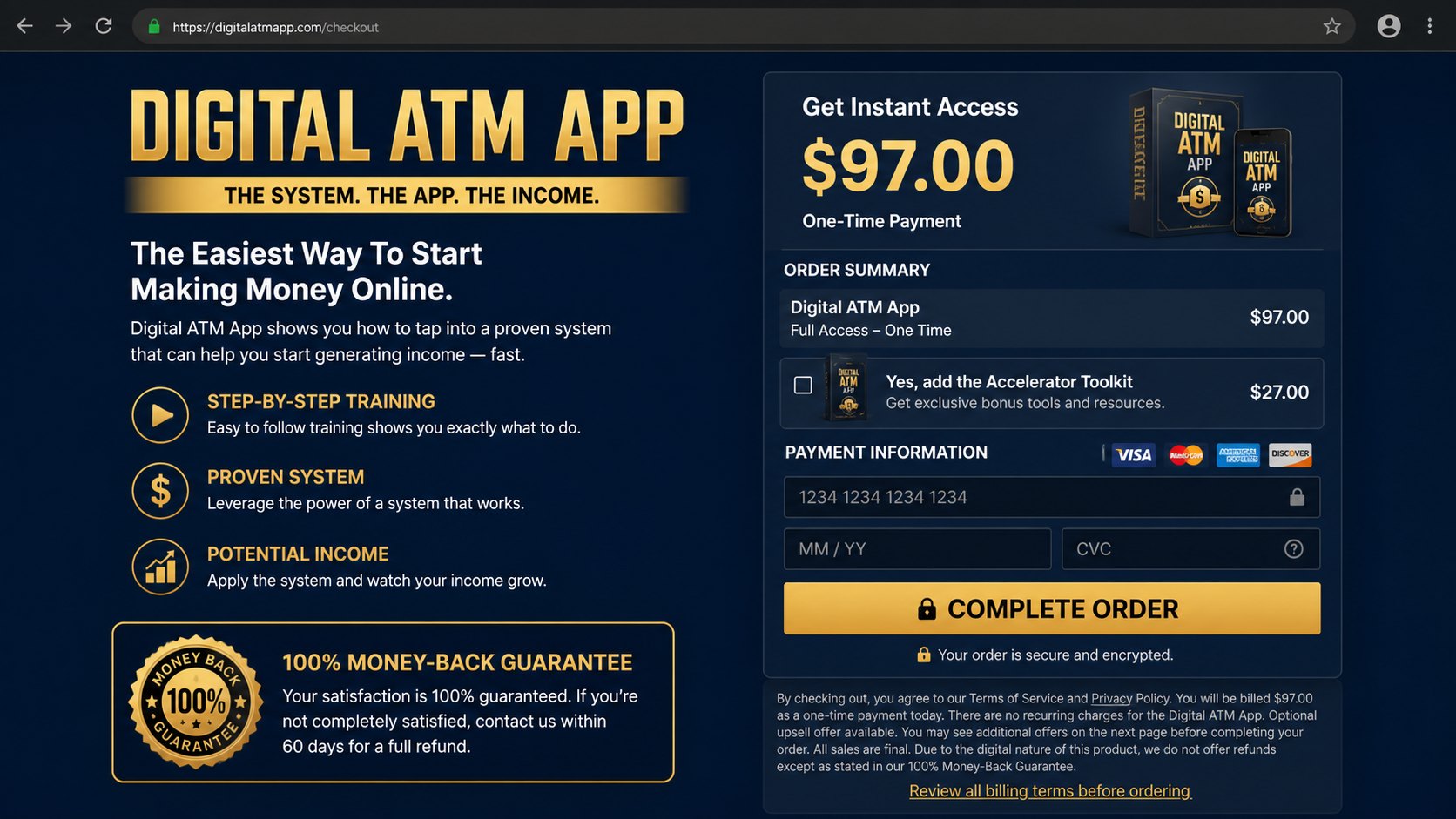 Digital ATM App checkout showing a $97 offer and optional upgrade