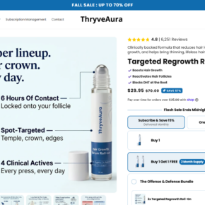 ThryveAura hair regrowth roll-on page with selected monthly subscription option